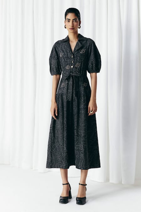Mellowdrama Black Cotton Embroidery Button-down Neck Washed Denim Embellished Dress 