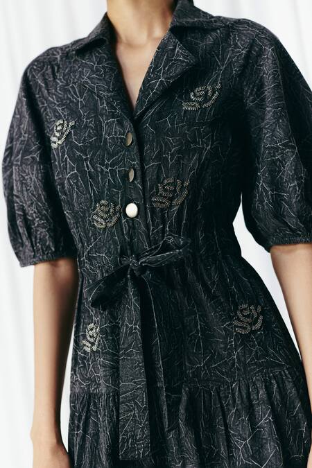 Buy_Mellowdrama_Black Cotton Embroidery Button-down Neck Washed Denim Embellished Dress_Online_at_Aza_Fashions
