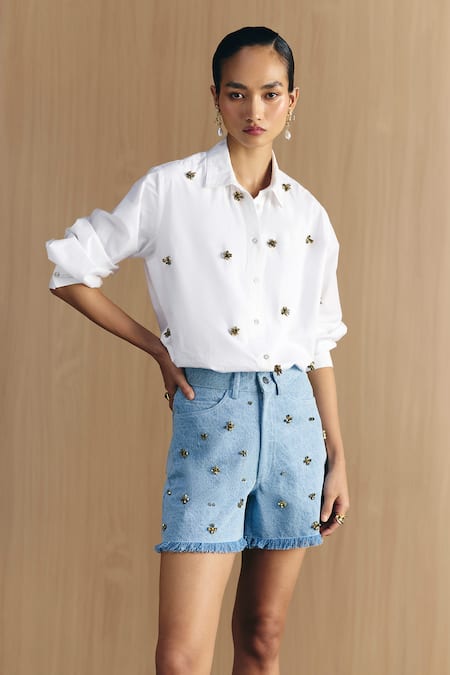 Mellowdrama Blue Cotton Studs Washed Denim Studded Shorts 
