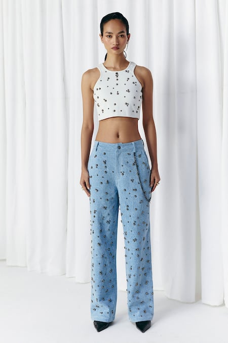 Mellowdrama Blue Cotton Studs Washed Denim Studded Jeans 