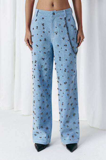 Buy_Mellowdrama_Blue Cotton Studs Washed Denim Studded Jeans_Online_at_Aza_Fashions