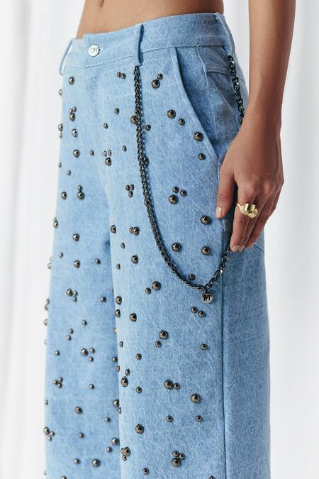 Mellowdrama_Blue Cotton Studs Washed Denim Studded Jeans_at_Aza_Fashions