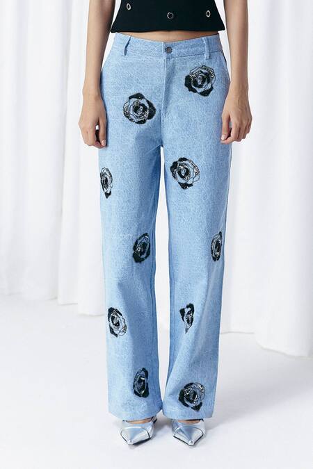 Mellowdrama_Blue Cotton Sequins Washed Denim Embellished Jeans_Online_at_Aza_Fashions