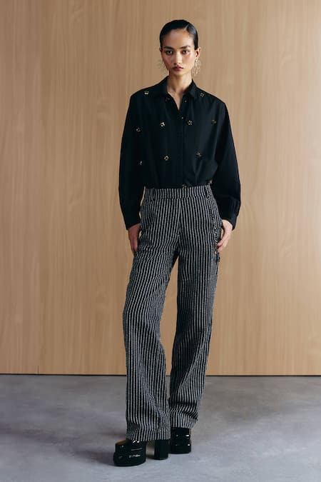 Mellowdrama Black Cotton Embroidery Denim Jeans 