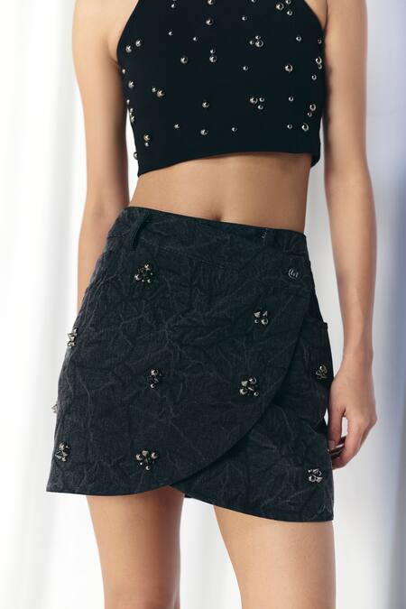 Mellowdrama_Black Cotton Studs Washed Denim Studded Skirt_Online_at_Aza_Fashions