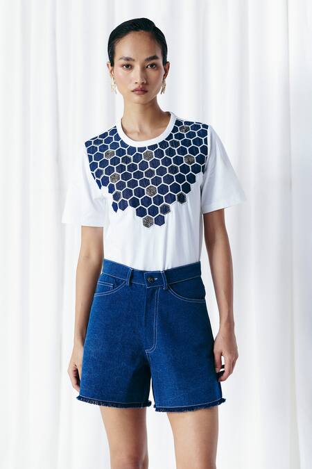 Mellowdrama_Blue Cotton Fringe Washed Denim Shorts_Online_at_Aza_Fashions