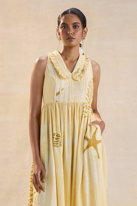 Vedika M_Yellow Linen Embroidery Collared Summer Coral Dress _Online_at_Aza_Fashions