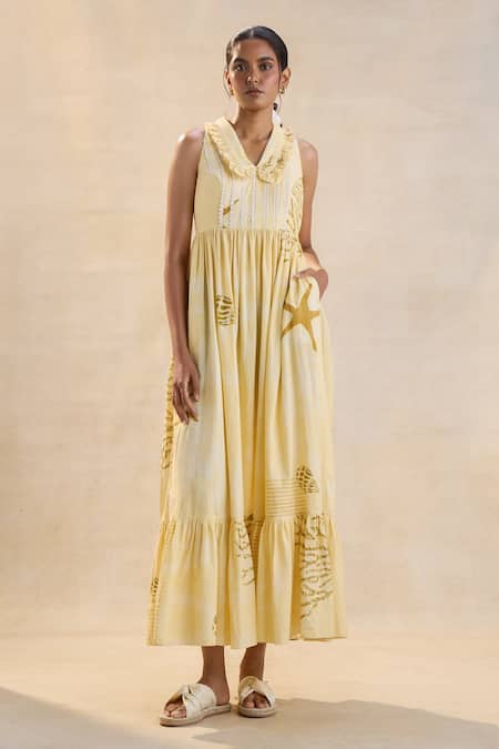 Vedika M Yellow Linen Embroidery Collared Summer Coral Dress 