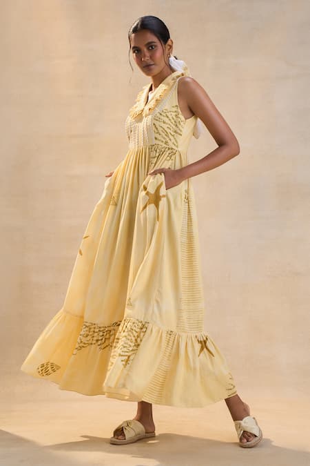 Buy_Vedika M_Yellow Linen Embroidery Collared Summer Coral Dress _Online_at_Aza_Fashions