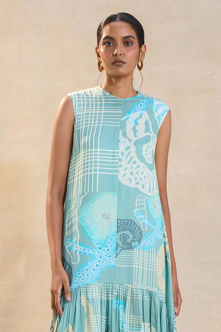 Vedika M Blue Satin Round Neck Ocean Midi Dress Online at Aza Fashions Vedika M_Blue Satin Round Neck Ocean Midi Dress _Online_at_Aza_Fashions