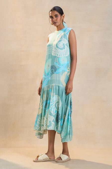 Buy Vedika M Blue Satin Round Neck Ocean Midi Dress Online at Aza Fashions Buy_Vedika M_Blue Satin Round Neck Ocean Midi Dress _Online_at_Aza_Fashions