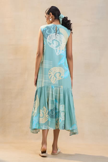 Shop Vedika M Blue Satin Round Neck Ocean Midi Dress at Aza Fashions Shop_Vedika M_Blue Satin Round Neck Ocean Midi Dress _at_Aza_Fashions