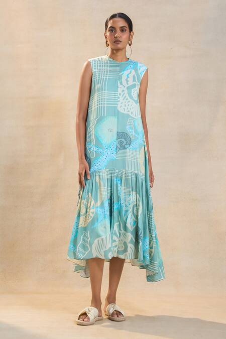 Shop Vedika M Blue Satin Round Neck Ocean Midi Dress Online at Aza Fashions Shop_Vedika M_Blue Satin Round Neck Ocean Midi Dress _Online_at_Aza_Fashions