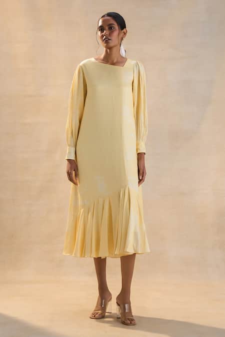 Buy Vedika M Yellow Satin Sunshine Midi Dress Online at Aza Fashions Buy_Vedika M_Yellow Satin Sunshine Midi Dress _Online_at_Aza_Fashions