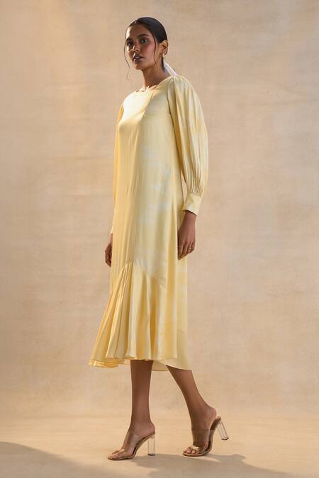 Shop Vedika M Yellow Satin Sunshine Midi Dress Online at Aza Fashions Shop_Vedika M_Yellow Satin Sunshine Midi Dress _Online_at_Aza_Fashions