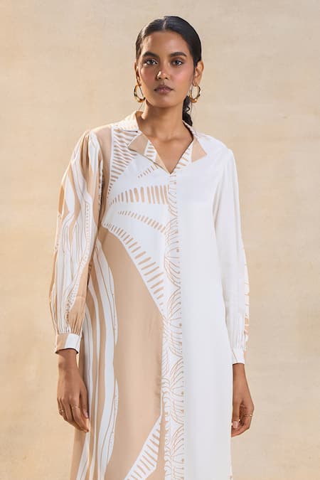 Vedika M Beige Satin Embroidery Collared White And Jellyfish Dress Online at Aza Fashions Vedika M_Beige Satin Embroidery Collared White And Jellyfish Dress _Online_at_Aza_Fashions