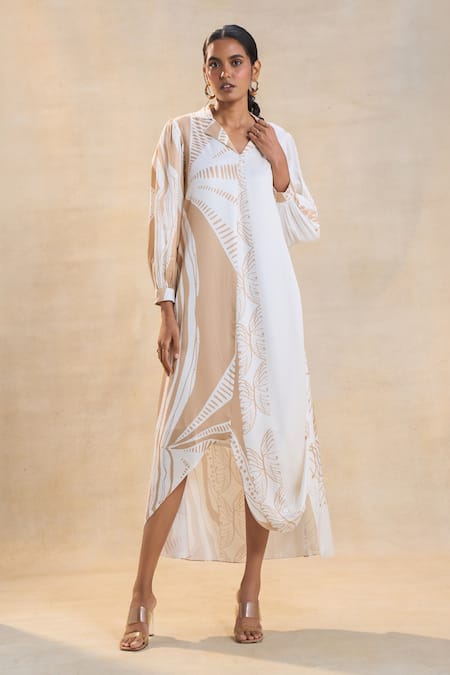 Vedika M Beige Satin Embroidery Collared White And Jellyfish Dress 