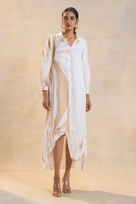 Buy Vedika M Beige Satin Embroidery Collared White And Jellyfish Dress Online at Aza Fashions Buy_Vedika M_Beige Satin Embroidery Collared White And Jellyfish Dress _Online_at_Aza_Fashions