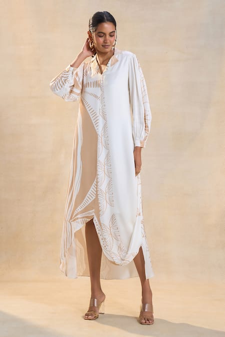 Shop Vedika M Beige Satin Embroidery Collared White And Jellyfish Dress Online at Aza Fashions Shop_Vedika M_Beige Satin Embroidery Collared White And Jellyfish Dress _Online_at_Aza_Fashions