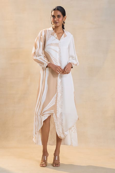 Vedika M Beige Satin Embroidery Collared White And Jellyfish Dress at Aza Fashions Vedika M_Beige Satin Embroidery Collared White And Jellyfish Dress _at_Aza_Fashions