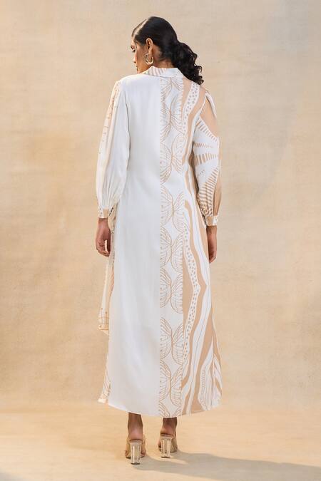 Shop Vedika M Beige Satin Embroidery Collared White And Jellyfish Dress at Aza Fashions Shop_Vedika M_Beige Satin Embroidery Collared White And Jellyfish Dress _at_Aza_Fashions