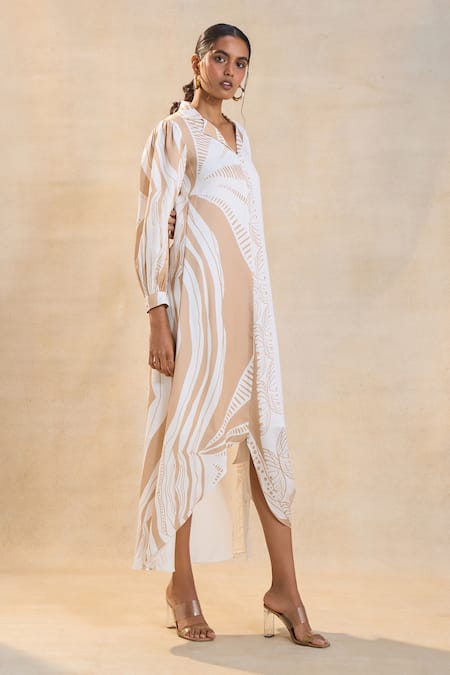 Buy Vedika M Beige Satin Embroidery Collared White And Jellyfish Dress Buy_Vedika M_Beige Satin Embroidery Collared White And Jellyfish Dress