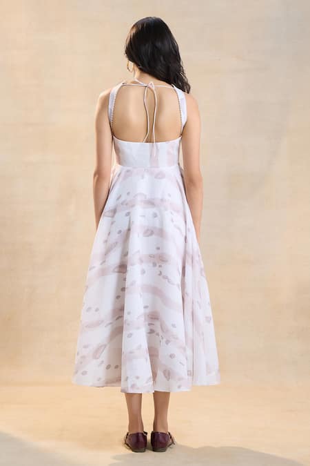 Shop_Vedika M_Beige Cotton, Linen Square Neck Waterdrop Midi Dress _at_Aza_Fashions