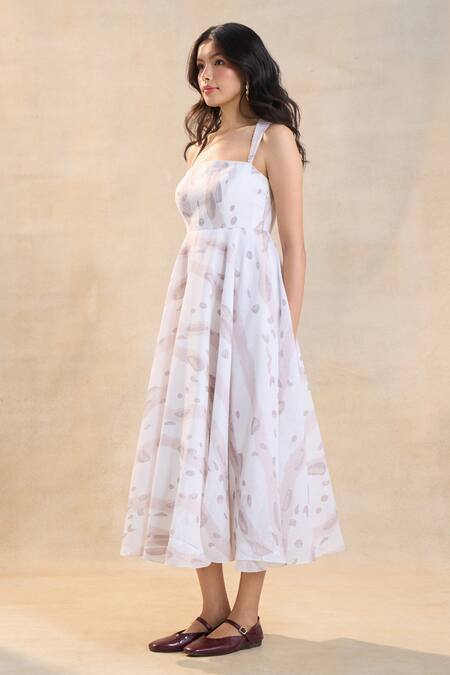 Buy_Vedika M_Beige Cotton, Linen Square Neck Waterdrop Midi Dress _Online_at_Aza_Fashions