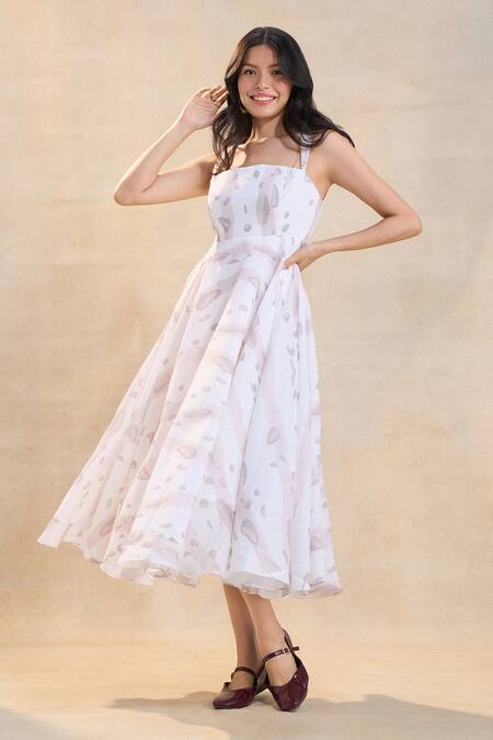 Shop_Vedika M_Beige Cotton, Linen Square Neck Waterdrop Midi Dress _Online_at_Aza_Fashions