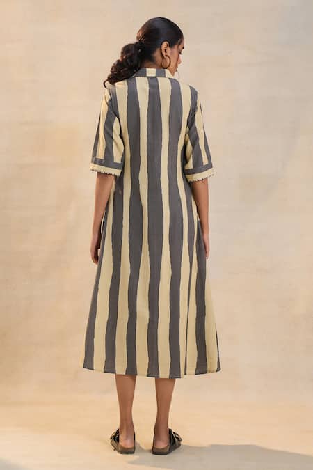 Shop_Vedika M_Brown Linen V-neck Striped Noon Midi Dress _at_Aza_Fashions