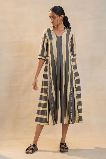 Vedika M Brown Linen V-neck Striped Noon Midi Dress 