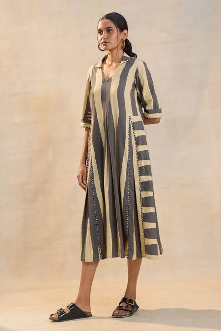 Buy_Vedika M_Brown Linen V-neck Striped Noon Midi Dress _Online_at_Aza_Fashions