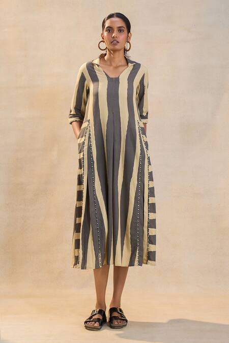 Shop_Vedika M_Brown Linen V-neck Striped Noon Midi Dress _Online_at_Aza_Fashions