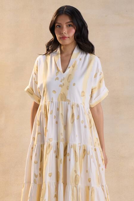 Vedika M_Yellow Linen Collared Waterdrops Tiered Midi Dress _Online_at_Aza_Fashions