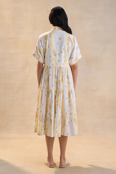 Shop_Vedika M_Yellow Linen Collared Waterdrops Tiered Midi Dress _at_Aza_Fashions