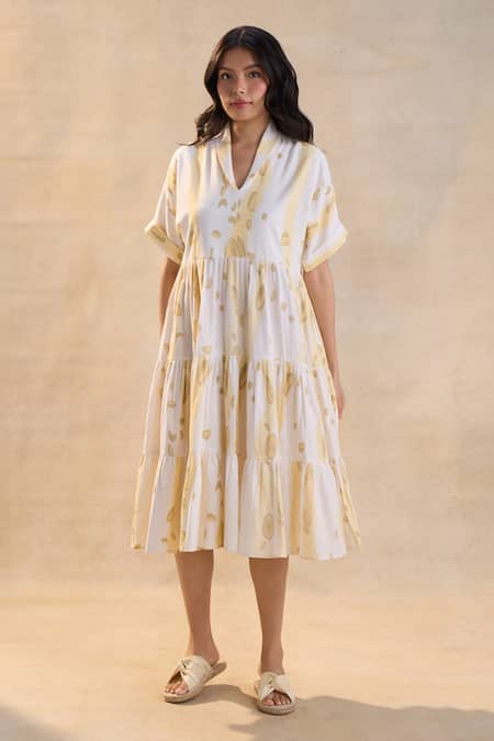 Vedika M Yellow Linen Collared Waterdrops Tiered Midi Dress 