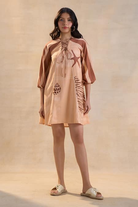 Vedika M Peach Linen Embroidery Open Neck Under The Sea Short Dress 