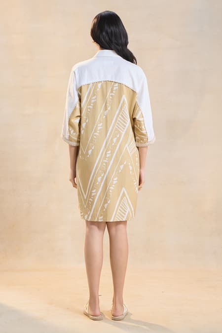 Shop Vedika M Brown Linen Collared Khaki Chevron Shell Dress at Aza Fashions Shop_Vedika M_Brown Linen Collared Khaki Chevron Shell Dress _at_Aza_Fashions