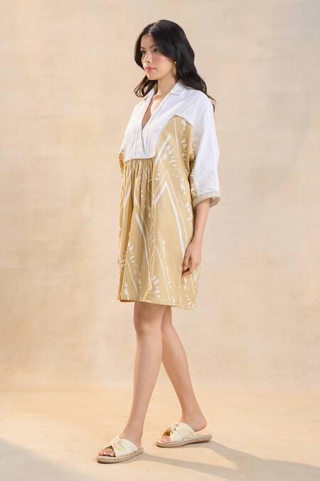 Vedika M Brown Linen Collared Khaki Chevron Shell Dress Online at Aza Fashions Vedika M_Brown Linen Collared Khaki Chevron Shell Dress _Online_at_Aza_Fashions