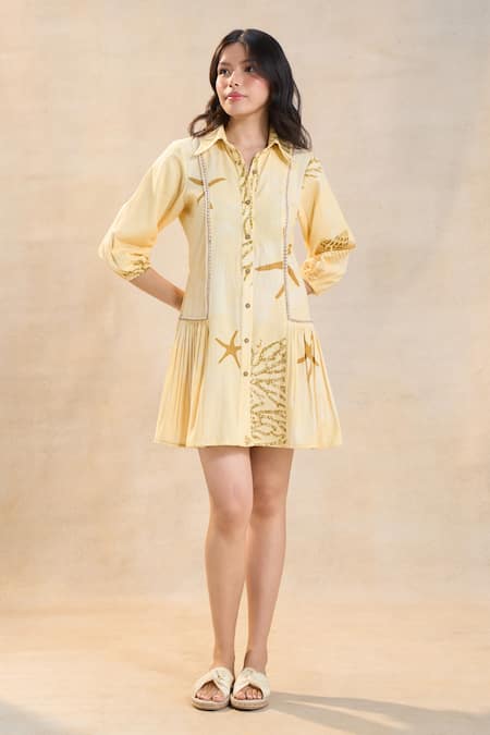 Shop Vedika M Yellow Linen Button-down Neck Under The Sea Short Dress at Aza Fashions Shop_Vedika M_Yellow Linen Button-down Neck Under The Sea Short Dress _at_Aza_Fashions