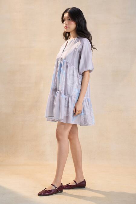 Vedika M_Gray Cotton, Linen V-neck Underwater Tiered Dress _Online_at_Aza_Fashions