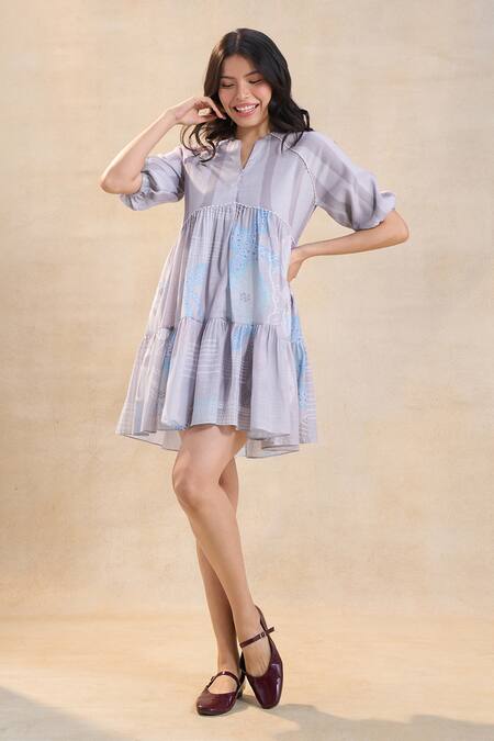 Buy_Vedika M_Gray Cotton, Linen V-neck Underwater Tiered Dress _Online_at_Aza_Fashions