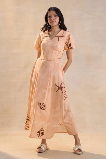 Vedika M_Peach Linen V-neck Under The Sea Corset Skirt Set _Online_at_Aza_Fashions