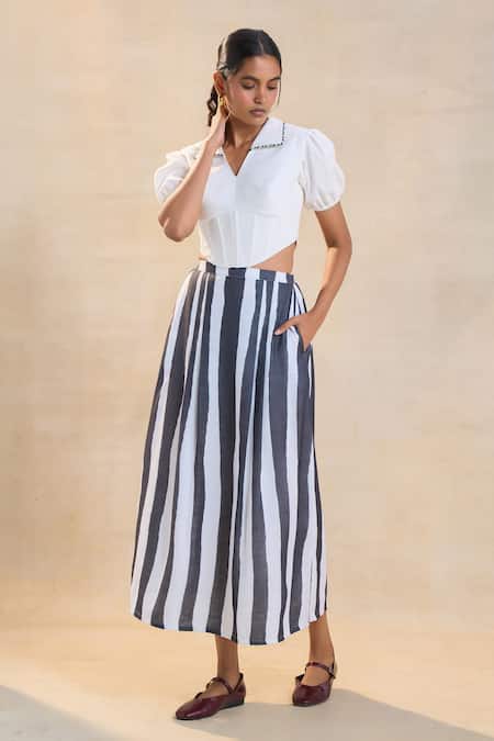 Vedika M_Black Cotton, Linen Collared And White Corset Skirt Set _Online_at_Aza_Fashions