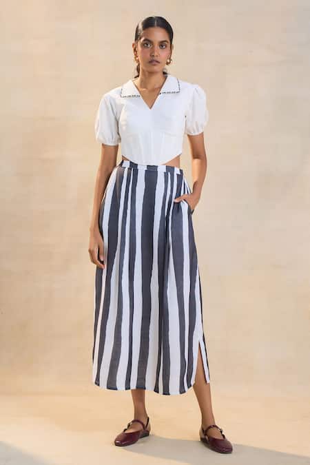 Vedika M Black Cotton, Linen Collared And White Corset Skirt Set 