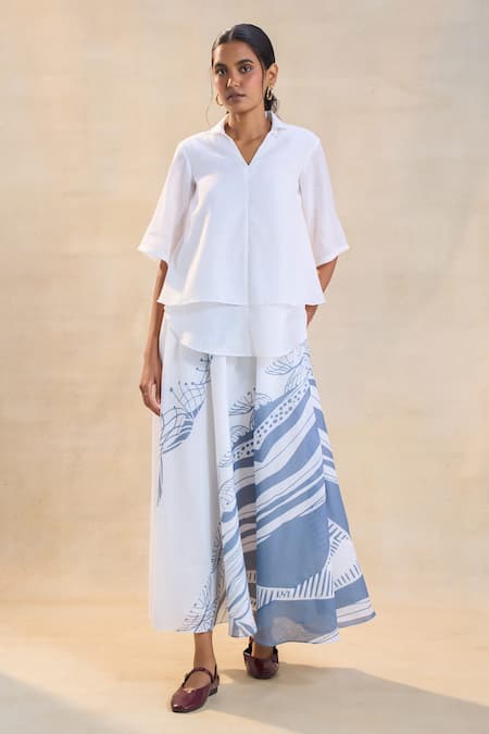 Vedika M White Linen, Cotton Split V-neck Jelly Fish Skirt Set 