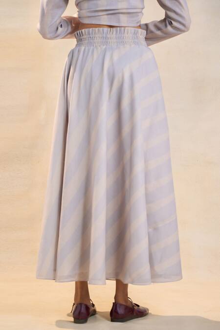 Vedika M Gray Cotton, Linen Split V-neck Striped Skirt Set Online at Aza Fashions Vedika M_Gray Cotton, Linen Split V-neck Striped Skirt Set _Online_at_Aza_Fashions