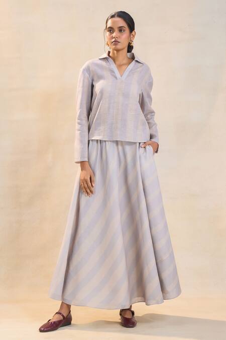 Buy Vedika M Gray Cotton, Linen Split V-neck Striped Skirt Set Online at Aza Fashions Buy_Vedika M_Gray Cotton, Linen Split V-neck Striped Skirt Set _Online_at_Aza_Fashions