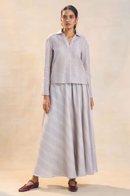 Vedika M Gray Cotton, Linen Split V-neck Striped Skirt Set 