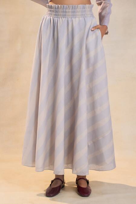 Shop Vedika M Gray Cotton, Linen Split V-neck Striped Skirt Set Online at Aza Fashions Shop_Vedika M_Gray Cotton, Linen Split V-neck Striped Skirt Set _Online_at_Aza_Fashions